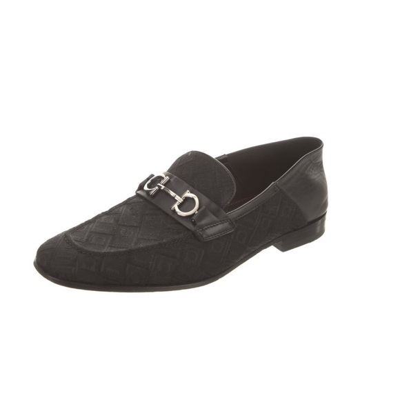 Ferragamo Black Canvas‘GIN’ Leather Moccasin Loafers Gancini ornament 8EE